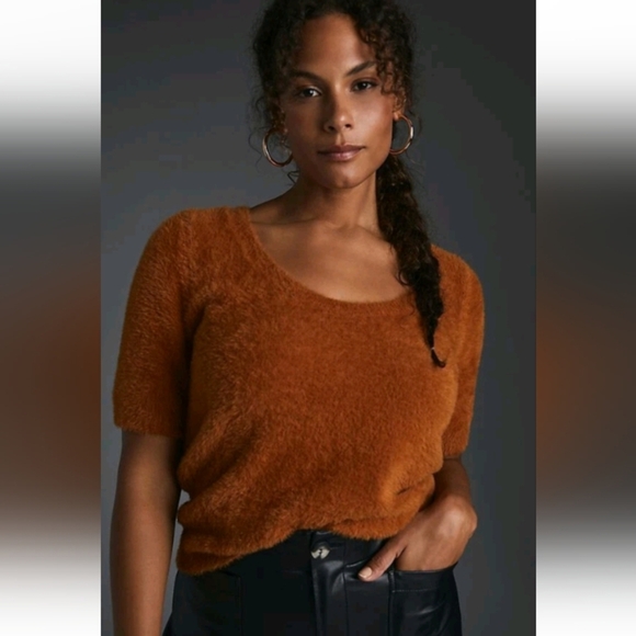 NWT Anthropologie Maeve Scoop Neck Eyelash Sweater Tee cedar color Sz Xs - Picture 1 of 8